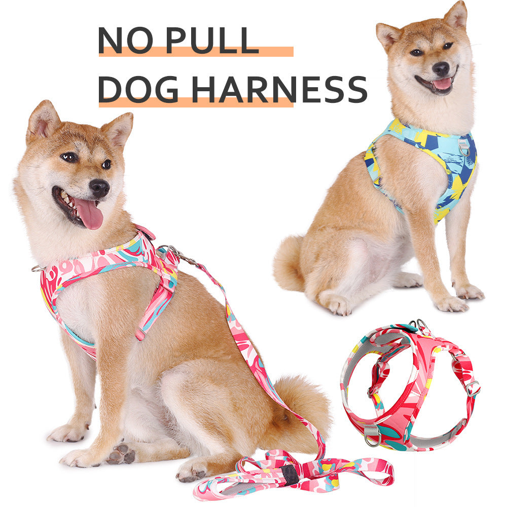 KFX-7111485 Breathable Pet Harness Suit with Traction Rope - Available in Red Flower Camouflage and Blue White Camouflage