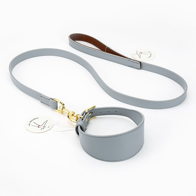 KFX-7115453 Soft Leather Pet Necklet and Towing Rope Set - Adjustable Collar in Gray and Pink