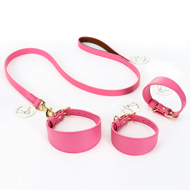 KFX-7115453 Soft Leather Pet Necklet and Towing Rope Set - Adjustable Collar in Gray and Pink
