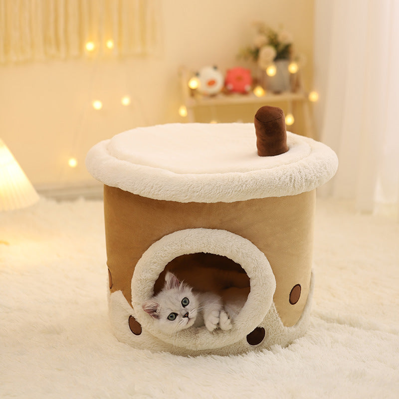 KFX-7115709 Cartoon Cat Litter Box with Dual-purpose Milk Tea Cup Design, Fully Enclosed Short Plush Pet Nest