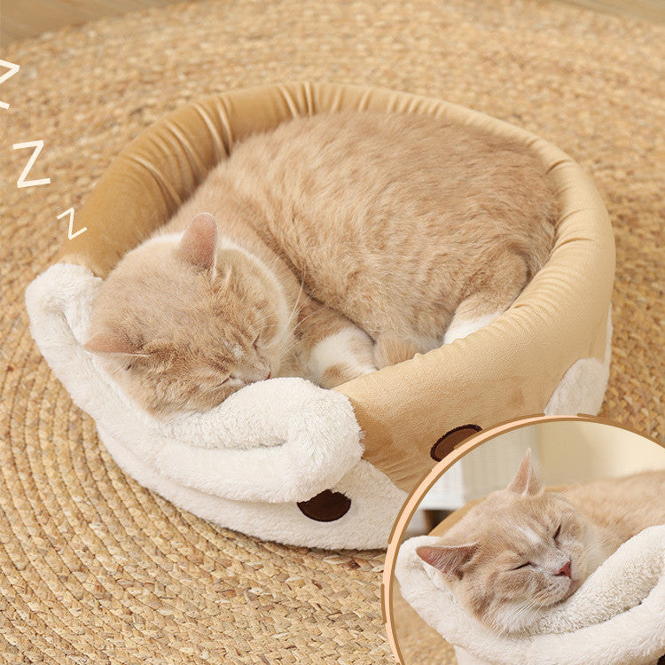 KFX-7115709 Cartoon Cat Litter Box with Dual-purpose Milk Tea Cup Design, Fully Enclosed Short Plush Pet Nest