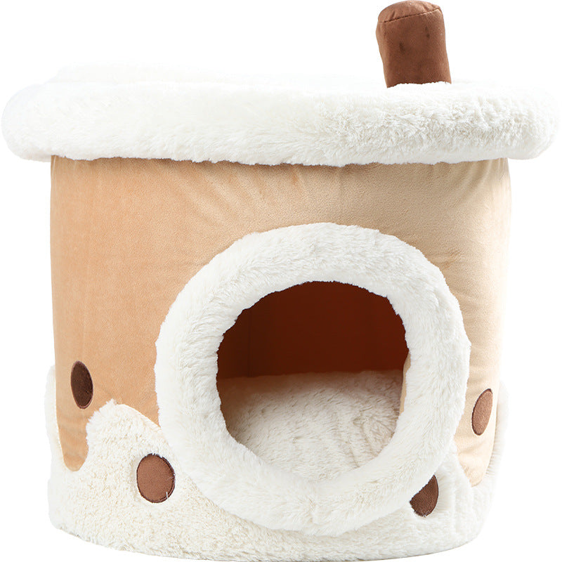 KFX-7115709 Cartoon Cat Litter Box with Dual-purpose Milk Tea Cup Design, Fully Enclosed Short Plush Pet Nest
