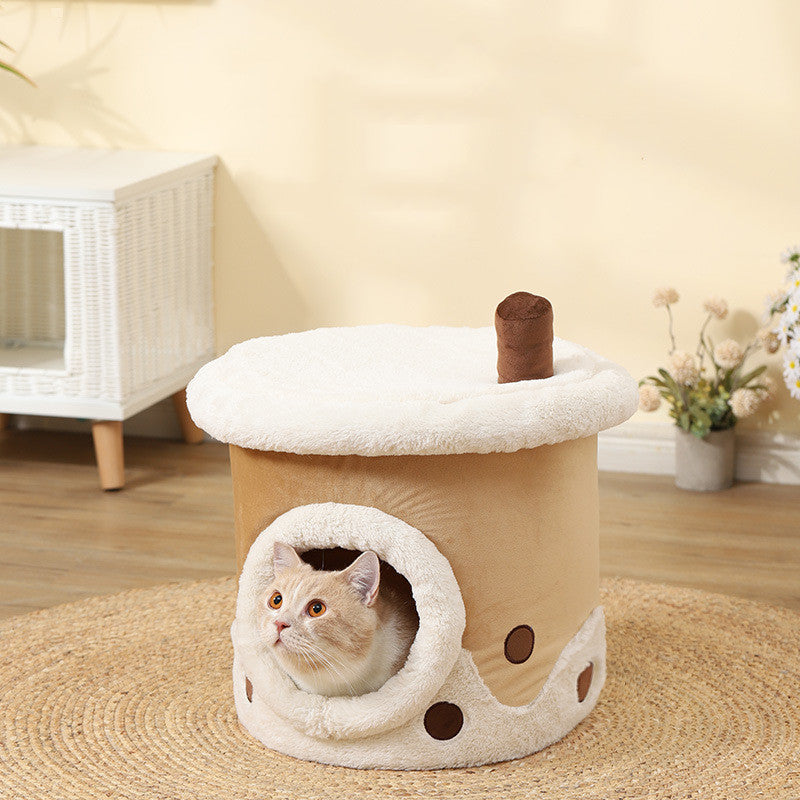 KFX-7115709 Cartoon Cat Litter Box with Dual-purpose Milk Tea Cup Design, Fully Enclosed Short Plush Pet Nest