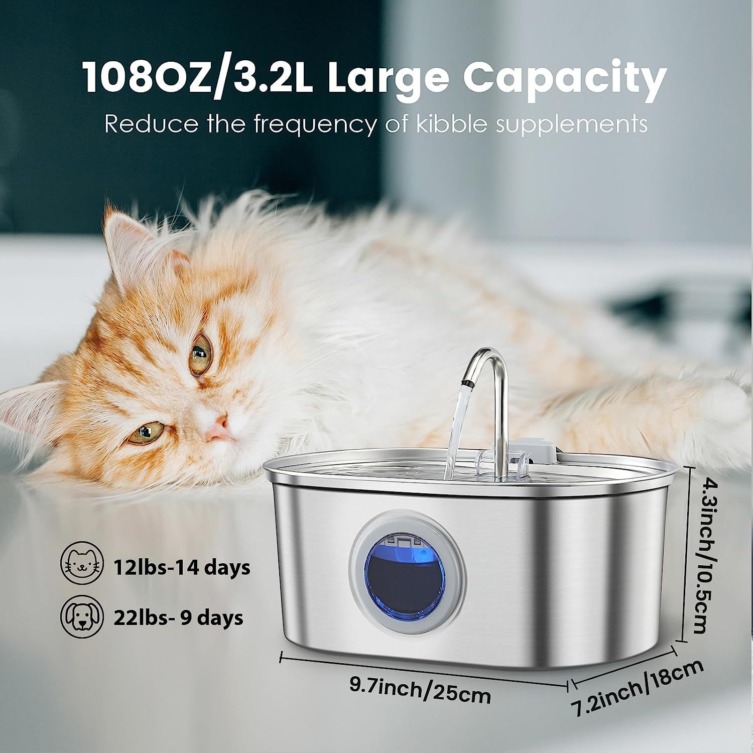 KFX-7117501 Stainless Steel Pet Water Dispenser with Filters for Cats