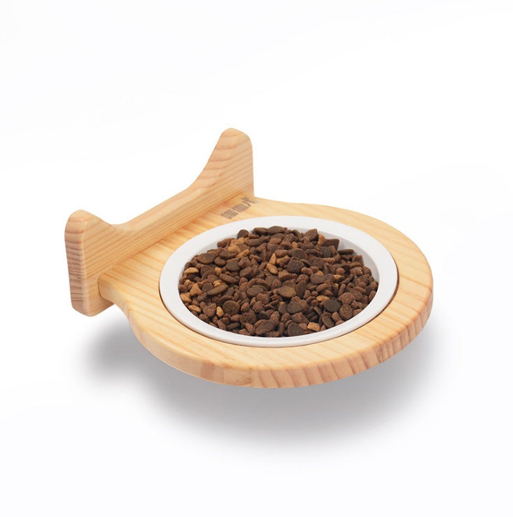 KFX-7117629 Ceramic Pet Bowl with Solid Wood Stand for Elevated Feeding
