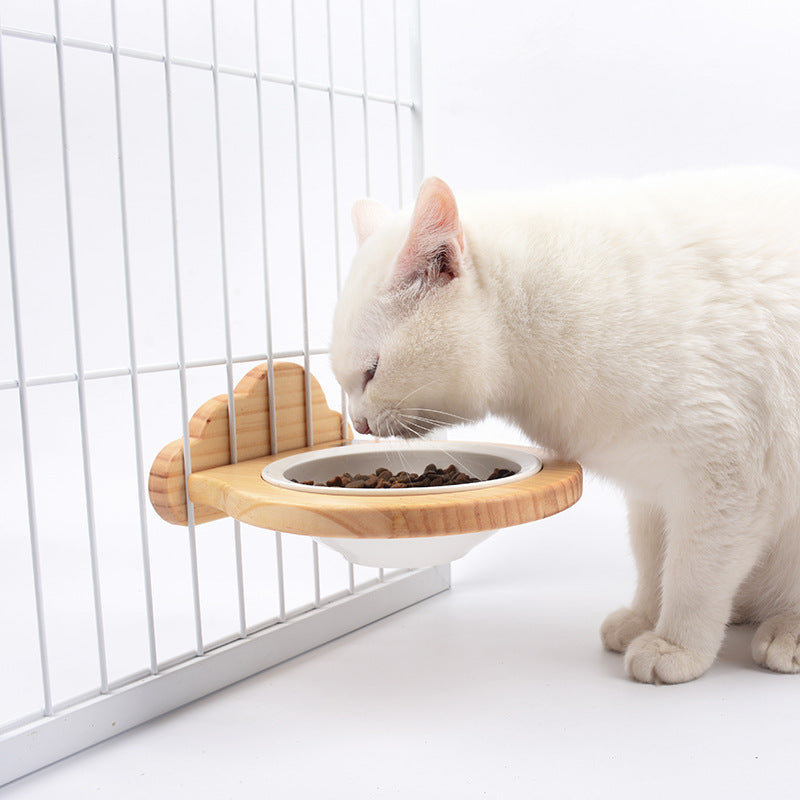 KFX-7117629 Ceramic Pet Bowl with Solid Wood Stand for Elevated Feeding