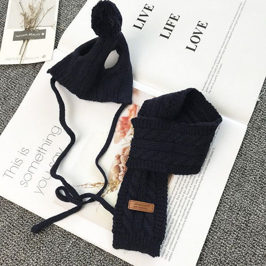 KFX-7119037 Cozy Wool Dog Hat and Scarf Set for Autumn and Winter in Red and Navy Blue