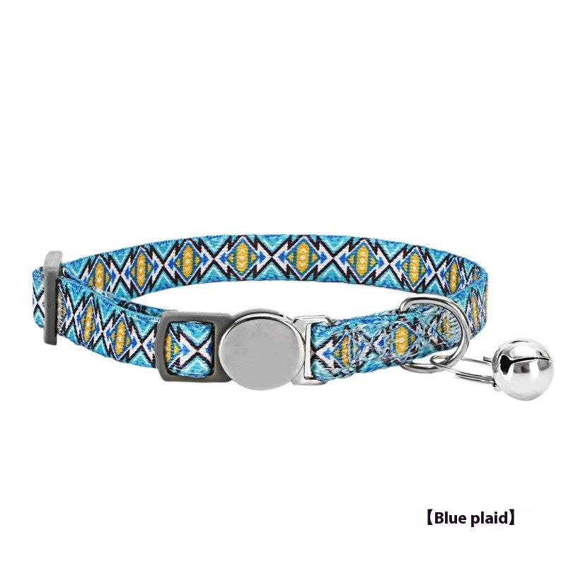 KFX-7123261 Bohemian Floral Cat Collar in Blue, Red, Pink, and Green Plaid - Adjustable Polyester Buckle