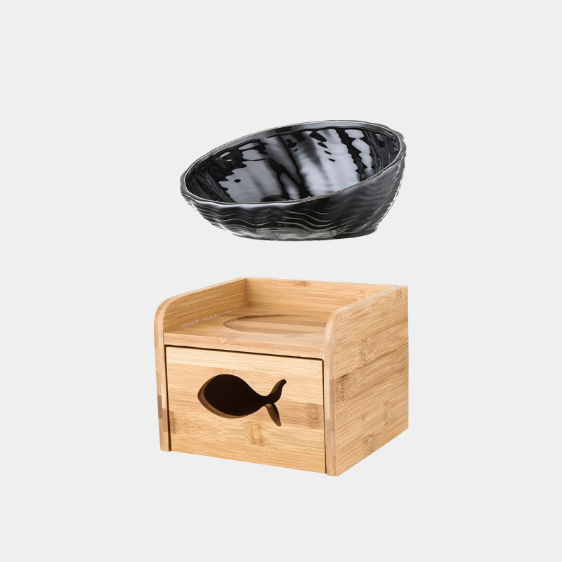 KFX-7127357 Ceramic Cat Bowl with Angled Mouth and Bamboo Frame - Small and Large Sizes Available