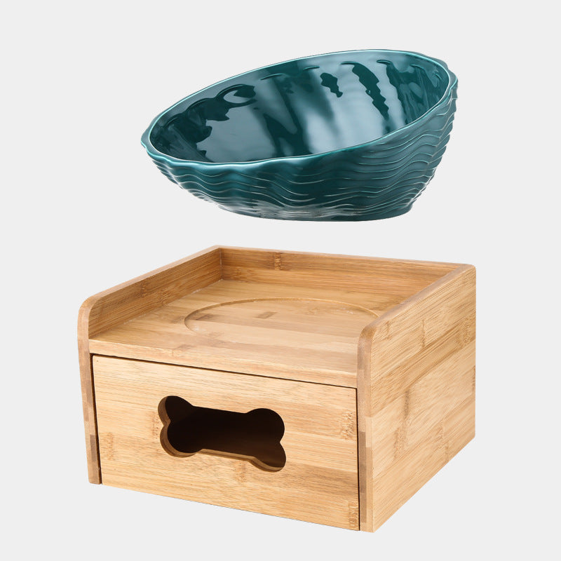 KFX-7127357 Ceramic Cat Bowl with Angled Mouth and Bamboo Frame - Small and Large Sizes Available