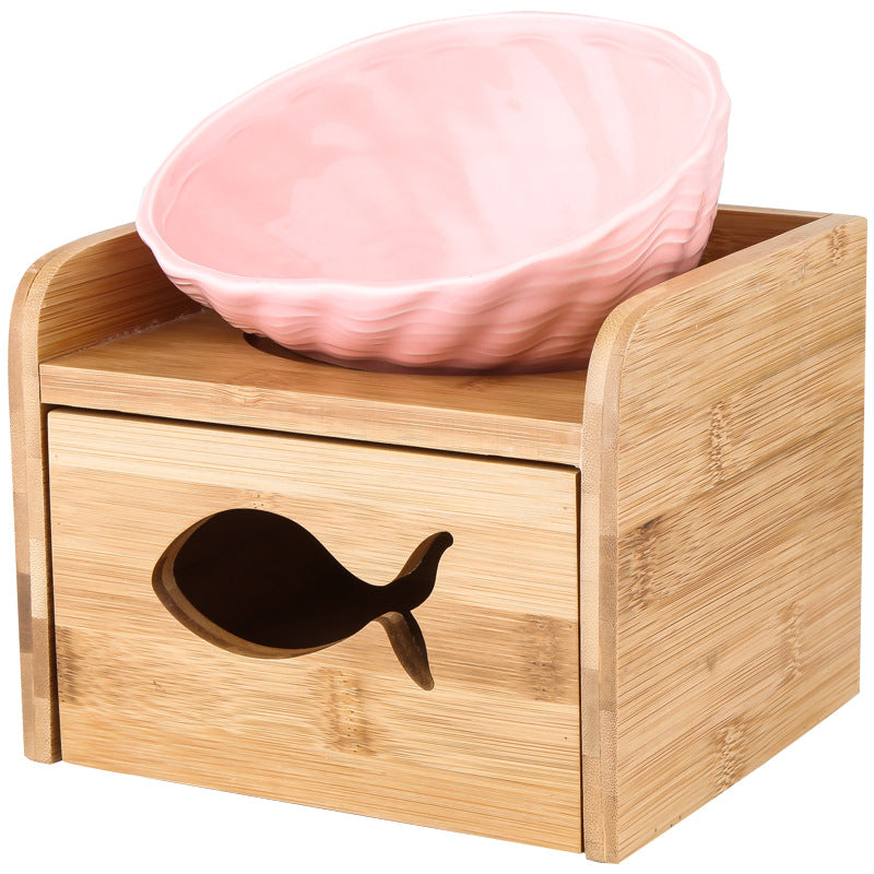 KFX-7127357 Ceramic Cat Bowl with Angled Mouth and Bamboo Frame - Small and Large Sizes Available