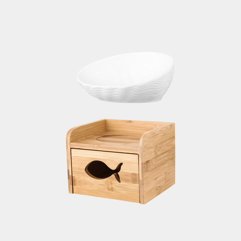 KFX-7127357 Ceramic Cat Bowl with Angled Mouth and Bamboo Frame - Small and Large Sizes Available