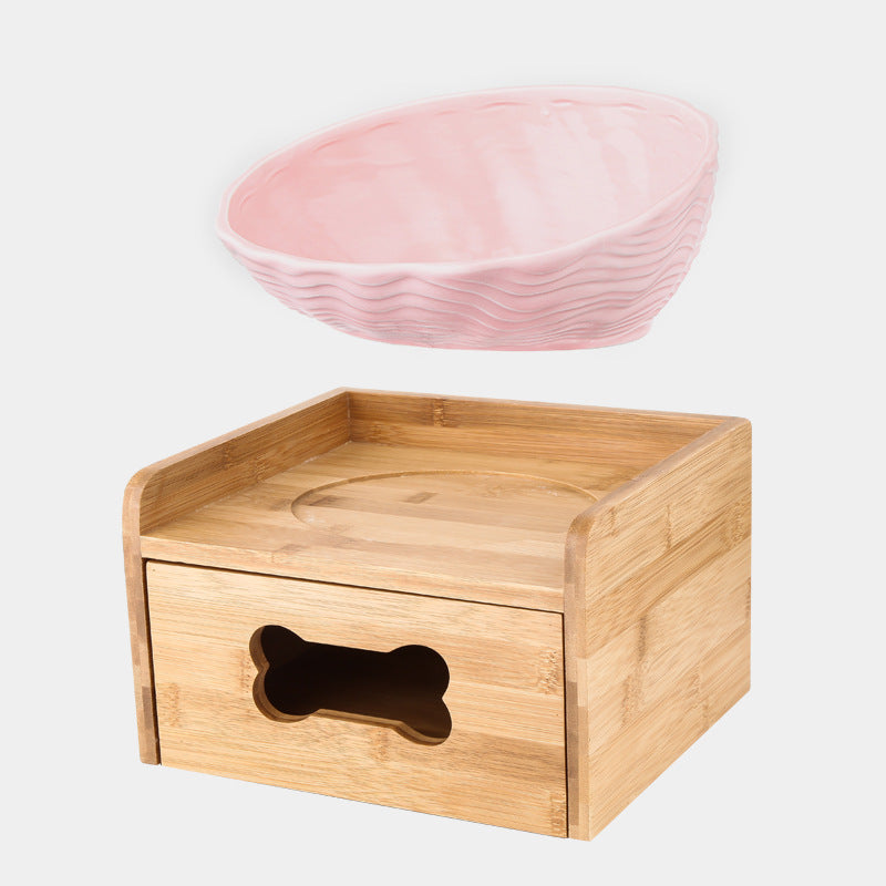 KFX-7127357 Ceramic Cat Bowl with Angled Mouth and Bamboo Frame - Small and Large Sizes Available