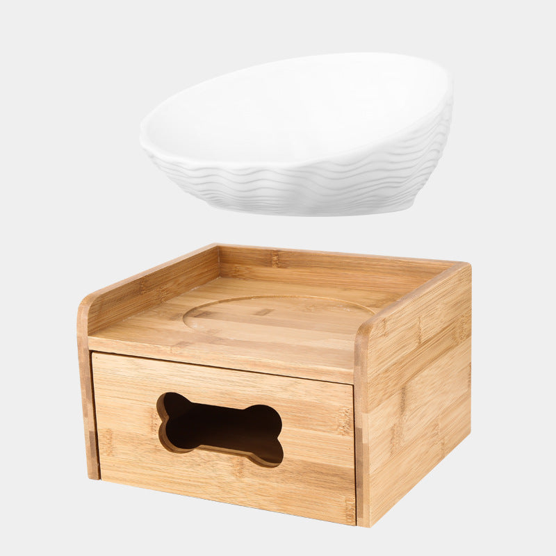 KFX-7127357 Ceramic Cat Bowl with Angled Mouth and Bamboo Frame - Small and Large Sizes Available