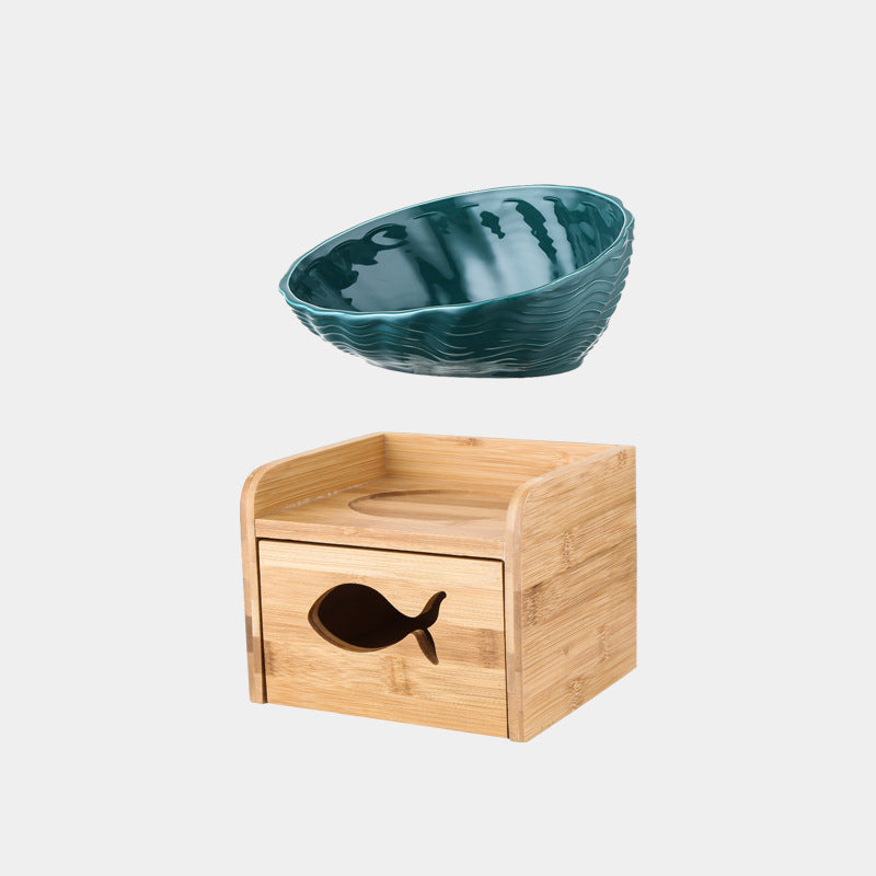 KFX-7127357 Ceramic Cat Bowl with Angled Mouth and Bamboo Frame - Small and Large Sizes Available