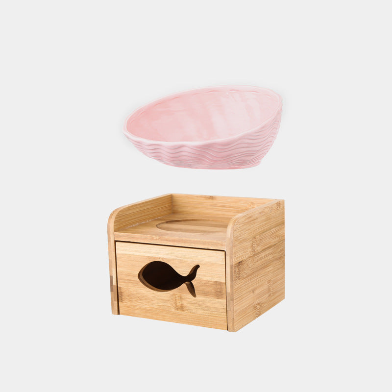 KFX-7127357 Ceramic Cat Bowl with Angled Mouth and Bamboo Frame - Small and Large Sizes Available
