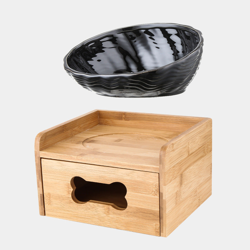 KFX-7127357 Ceramic Cat Bowl with Angled Mouth and Bamboo Frame - Small and Large Sizes Available