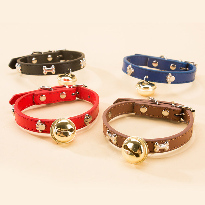 KFX-7129149 Durable PU Pet Collar with Claw Print Bone Design and Alloy Bell in Multiple Colors