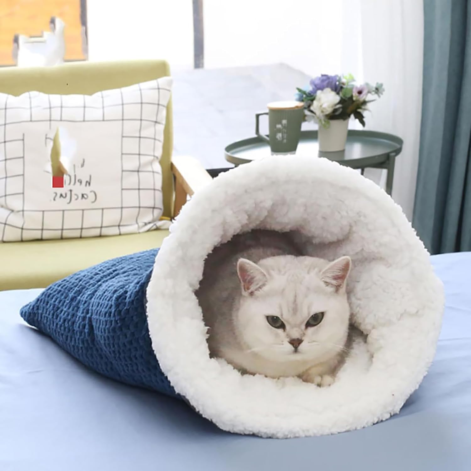 KFX-7136957 Cozy Sleeping Bag for Cats, Warm Semi-Enclosed Crinkle Sack Bed for Cats Up to 6kg