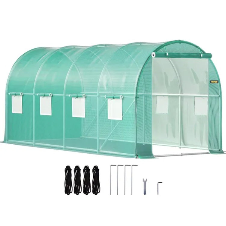 KFX-7137725 Portable Walk-in Tunnel Greenhouse with Galvanized Steel Frame and Zippered Door, 14.8 x 6.6 x 6.6 Ft, Green