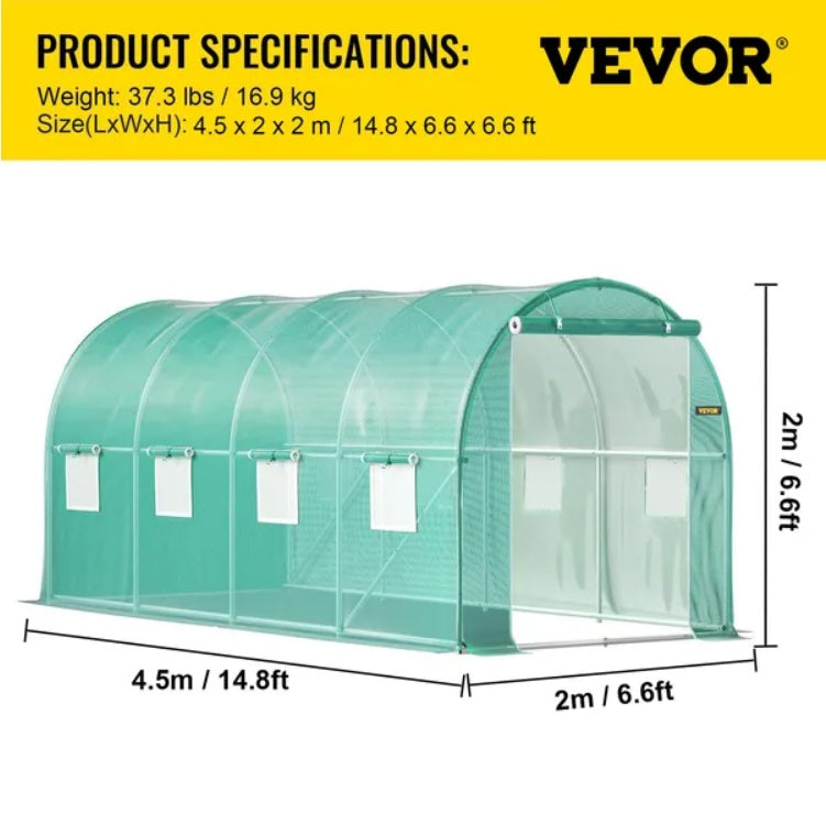 KFX-7137725 Portable Walk-in Tunnel Greenhouse with Galvanized Steel Frame and Zippered Door, 14.8 x 6.6 x 6.6 Ft, Green