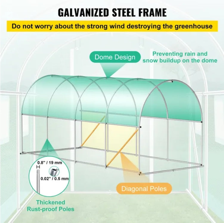 KFX-7137725 Portable Walk-in Tunnel Greenhouse with Galvanized Steel Frame and Zippered Door, 14.8 x 6.6 x 6.6 Ft, Green