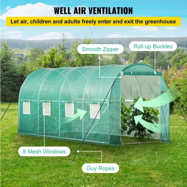 KFX-7137725 Portable Walk-in Tunnel Greenhouse with Galvanized Steel Frame and Zippered Door, 14.8 x 6.6 x 6.6 Ft, Green