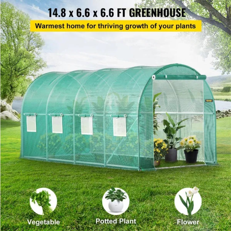 KFX-7137725 Portable Walk-in Tunnel Greenhouse with Galvanized Steel Frame and Zippered Door, 14.8 x 6.6 x 6.6 Ft, Green
