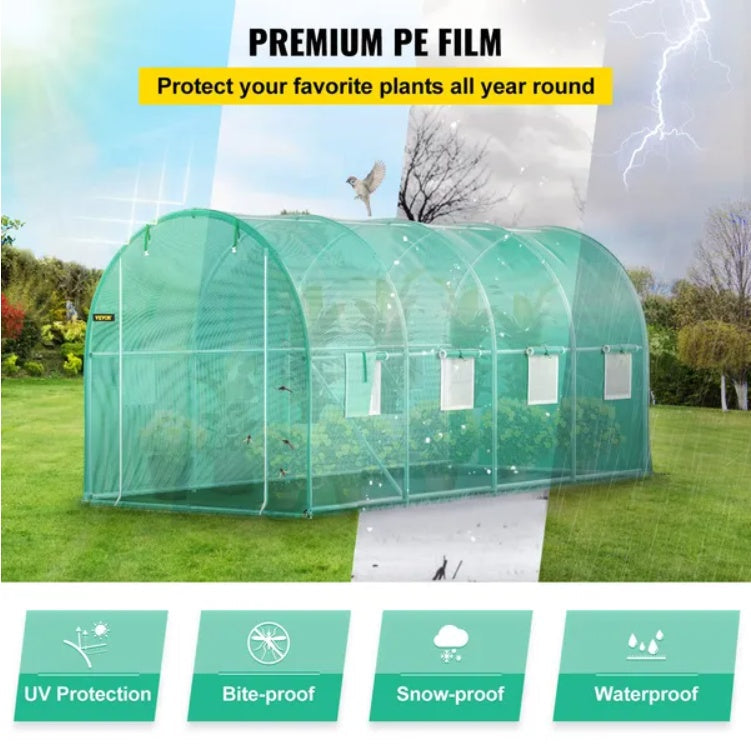 KFX-7137725 Portable Walk-in Tunnel Greenhouse with Galvanized Steel Frame and Zippered Door, 14.8 x 6.6 x 6.6 Ft, Green