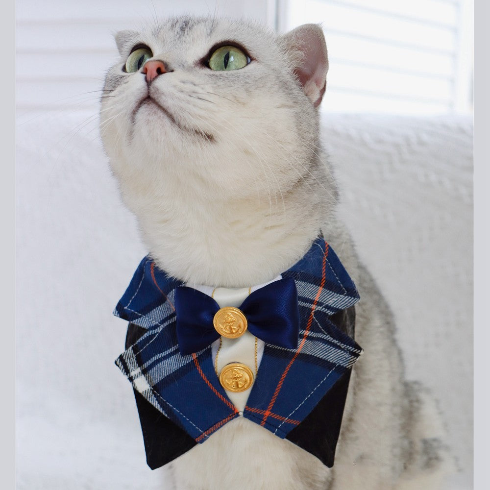 KFX-7140925 British Academy Style Bib Tie for Cats and Dogs - Red Grid, Blue Grid, Pink Line, Blue Line - Sizes S and M