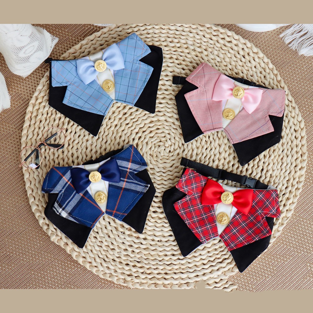 KFX-7140925 British Academy Style Bib Tie for Cats and Dogs - Red Grid, Blue Grid, Pink Line, Blue Line - Sizes S and M