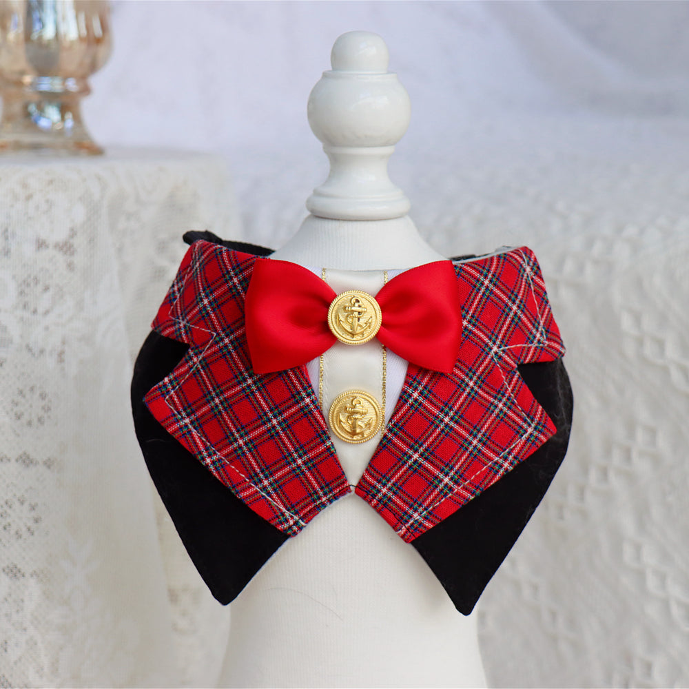 KFX-7140925 British Academy Style Bib Tie for Cats and Dogs - Red Grid, Blue Grid, Pink Line, Blue Line - Sizes S and M