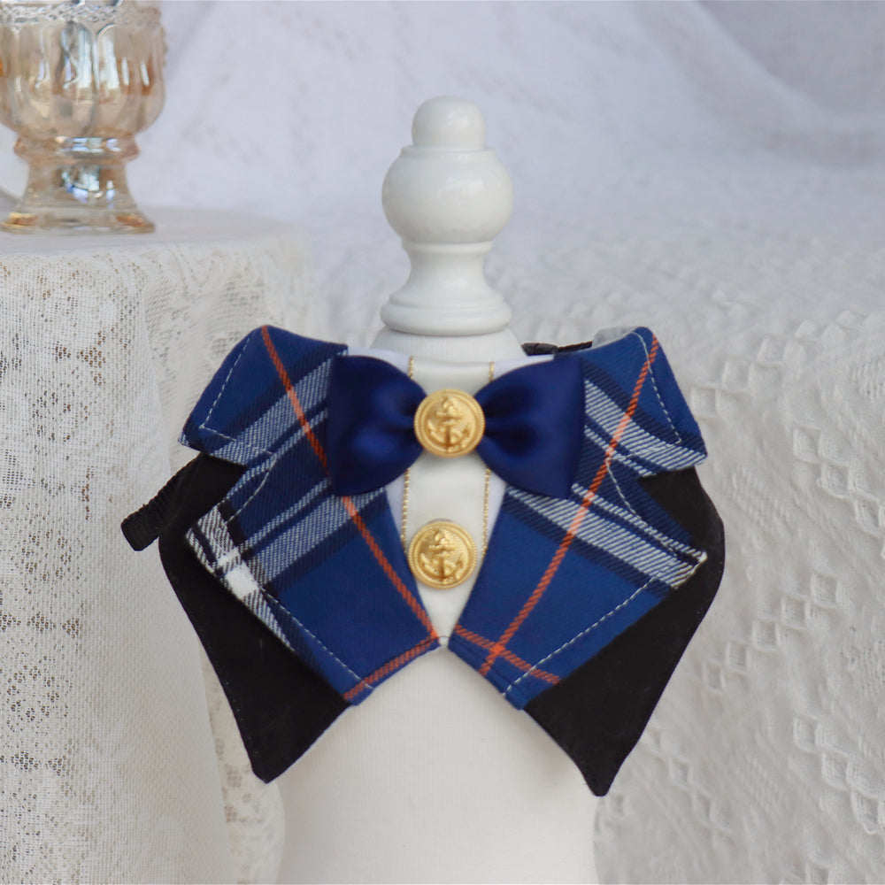 KFX-7140925 British Academy Style Bib Tie for Cats and Dogs - Red Grid, Blue Grid, Pink Line, Blue Line - Sizes S and M