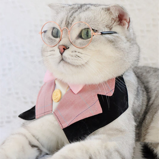 KFX-7140925 British Academy Style Bib Tie for Cats and Dogs - Red Grid, Blue Grid, Pink Line, Blue Line - Sizes S and M