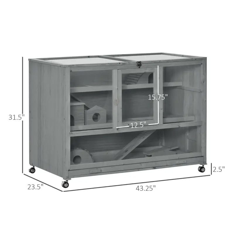 KFX-7148093 Wooden 3-Tier Hamster Cage with Ladder and Rolling Wheels for Small Animals, Dark Gray