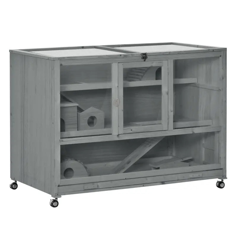 KFX-7148093 Wooden 3-Tier Hamster Cage with Ladder and Rolling Wheels for Small Animals, Dark Gray