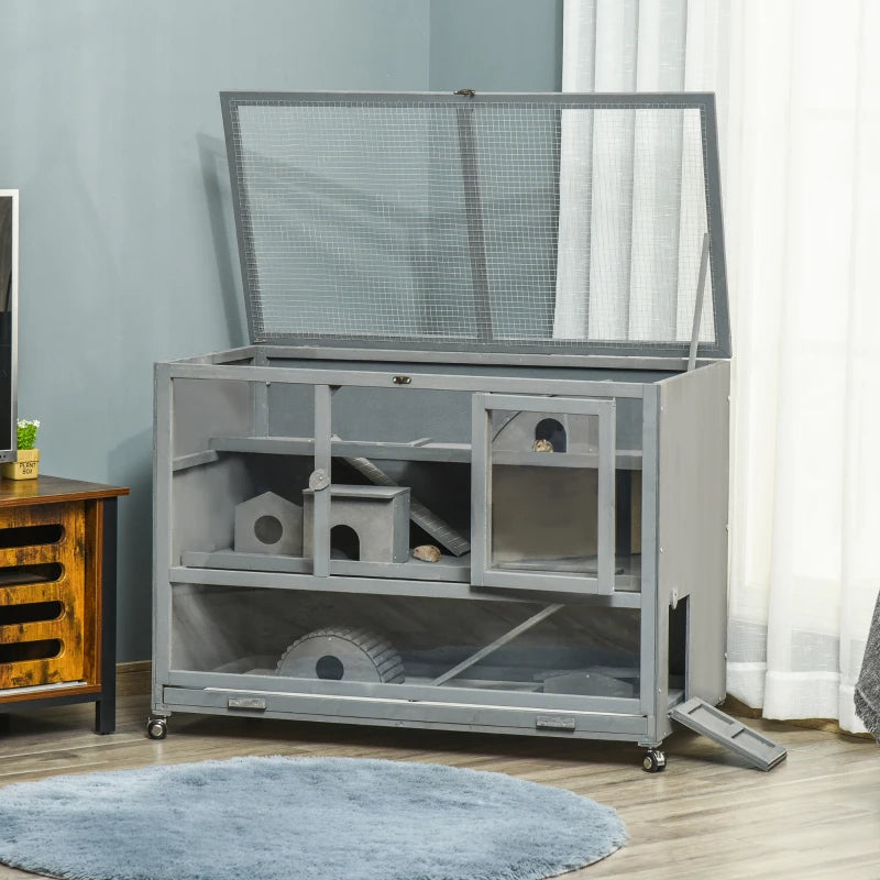 KFX-7148093 Wooden 3-Tier Hamster Cage with Ladder and Rolling Wheels for Small Animals, Dark Gray
