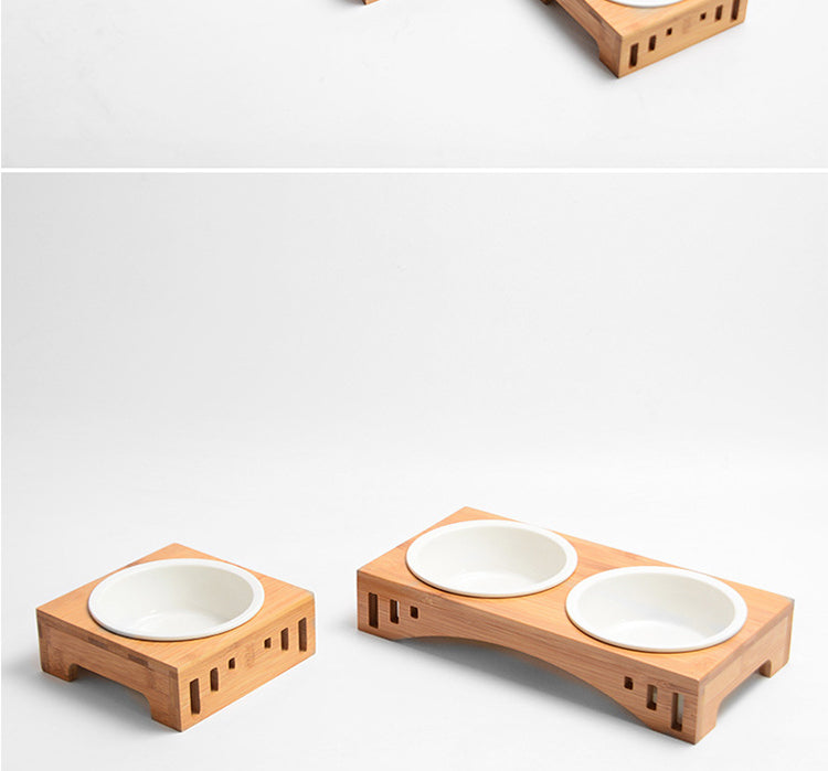 KFX-7150397 Bamboo Wood Arched Pet Bowl with Easy-Clean Bone China Insert