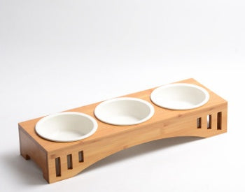 KFX-7150397 Bamboo Wood Arched Pet Bowl with Easy-Clean Bone China Insert