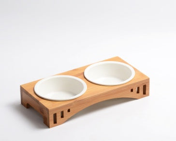 KFX-7150397 Bamboo Wood Arched Pet Bowl with Easy-Clean Bone China Insert