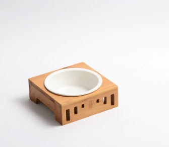 KFX-7150397 Bamboo Wood Arched Pet Bowl with Easy-Clean Bone China Insert