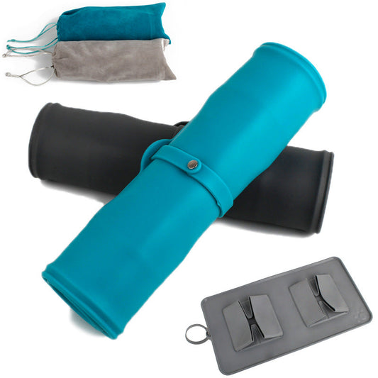 KFX-7150653 Folding Double Bowl Dog and Cat Feeding Set with Velvet Bag - Blue Gray Silicone Design