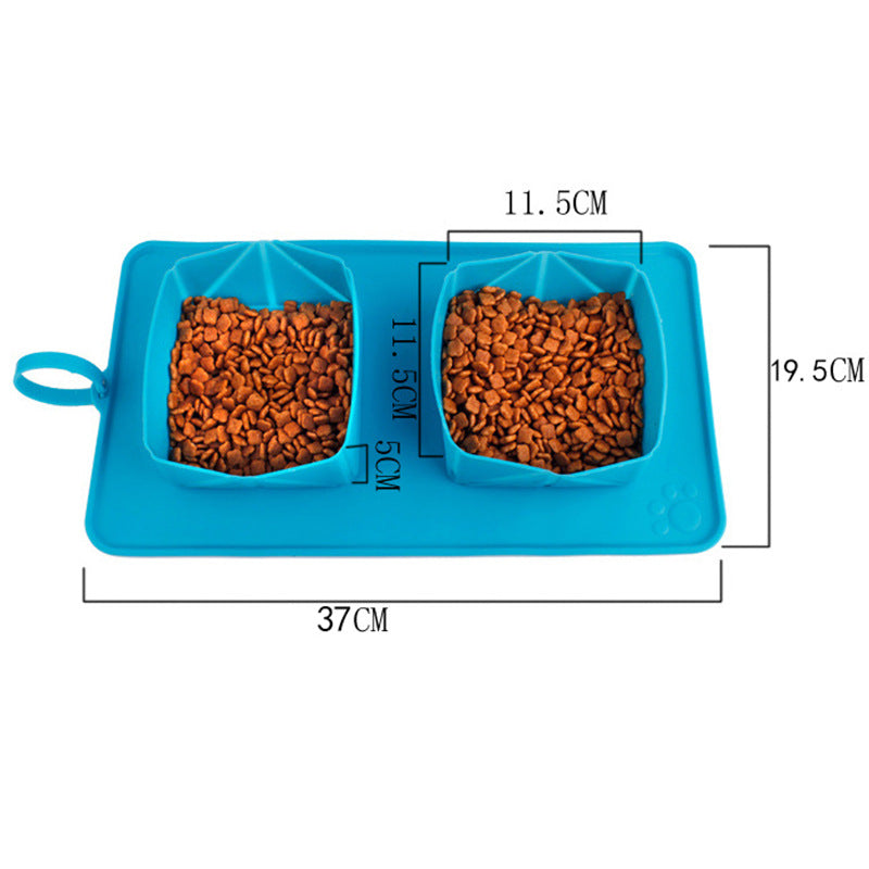 KFX-7150653 Folding Double Bowl Dog and Cat Feeding Set with Velvet Bag - Blue Gray Silicone Design