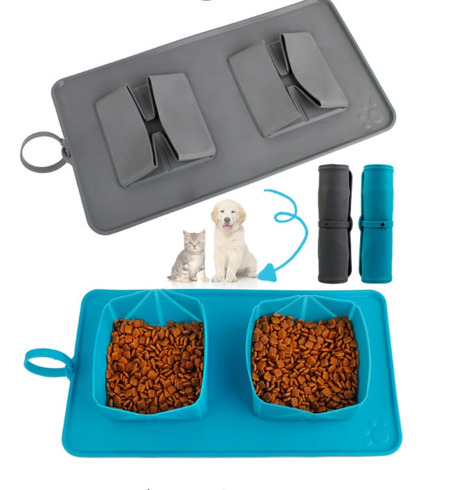KFX-7150653 Folding Double Bowl Dog and Cat Feeding Set with Velvet Bag - Blue Gray Silicone Design