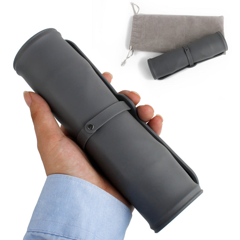 KFX-7150653 Folding Double Bowl Dog and Cat Feeding Set with Velvet Bag - Blue Gray Silicone Design