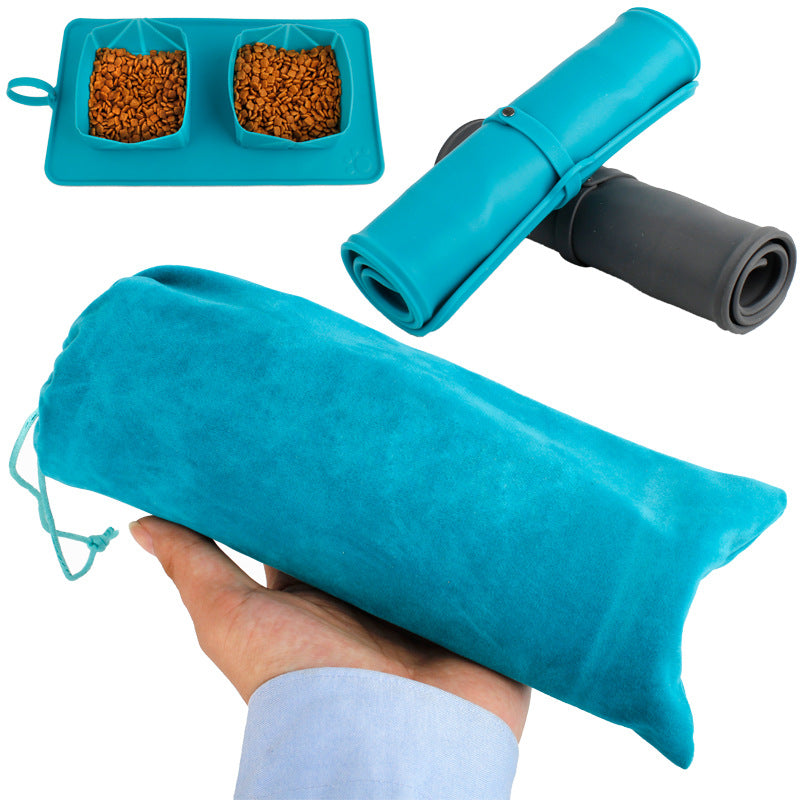KFX-7150653 Folding Double Bowl Dog and Cat Feeding Set with Velvet Bag - Blue Gray Silicone Design