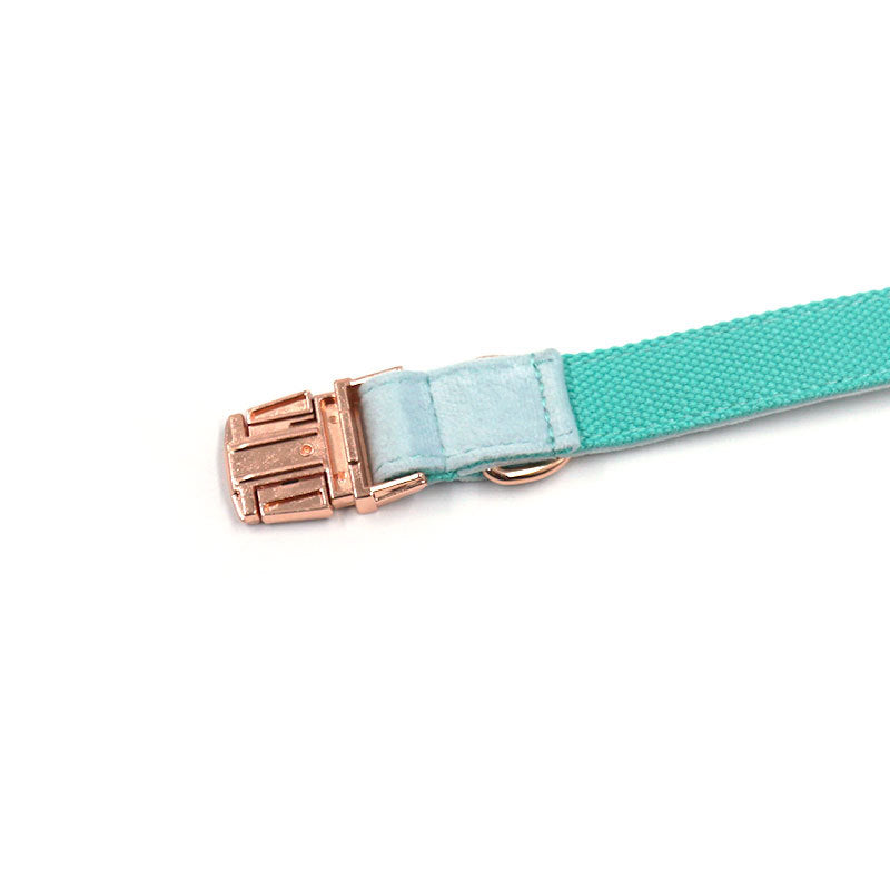 KFX-7156029 Sapphire Velvet Pet Collar with Rose Gold Accents - Soft Cloth Design, Multiple Sizes Available