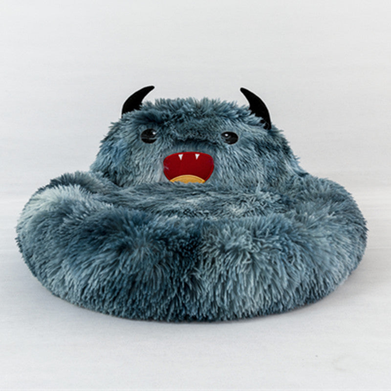 KFX-7157437 Self-Warming Round Faux Fur Pet Bed for Cats and Dogs - Cozy Monster Design, Durable Cushion, Multiple Sizes Available