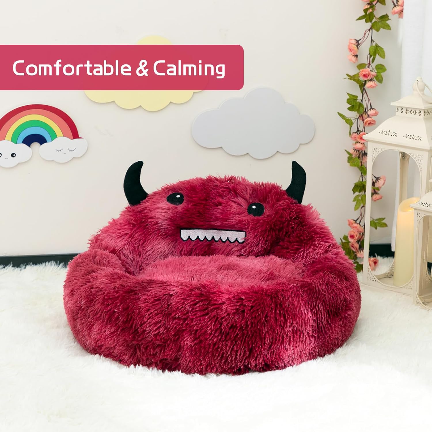 KFX-7157437 Self-Warming Round Faux Fur Pet Bed for Cats and Dogs - Cozy Monster Design, Durable Cushion, Multiple Sizes Available