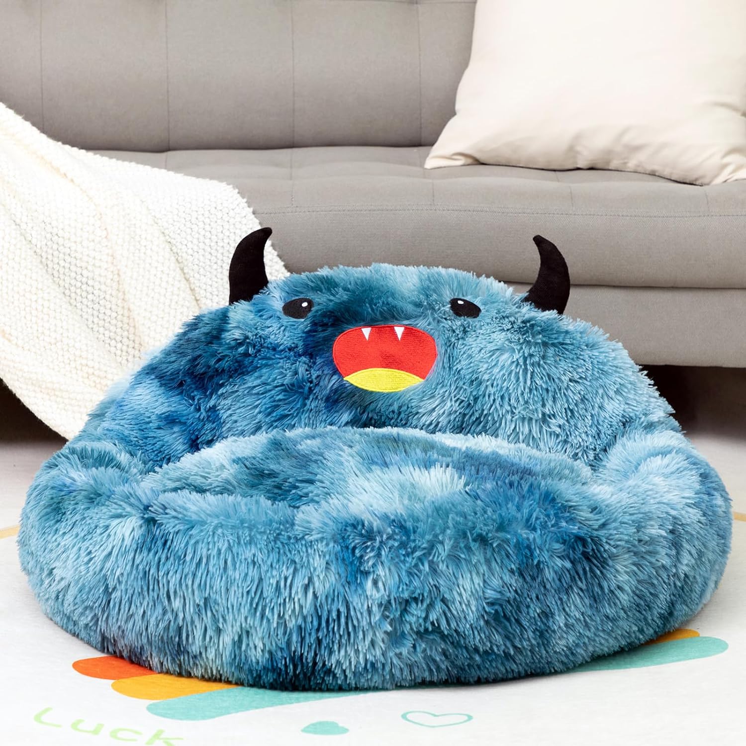 KFX-7157437 Self-Warming Round Faux Fur Pet Bed for Cats and Dogs - Cozy Monster Design, Durable Cushion, Multiple Sizes Available